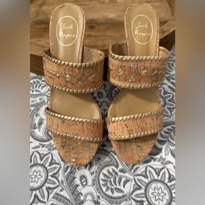 Jack Rogers - size 9 Natural Cork/Gold wedges with a 3” heel